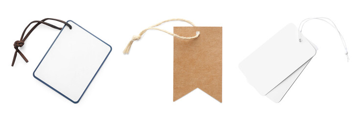 Many blank tags on white background, set. Mockup for design