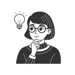 Minimalist Black & White Cartoon Illustration of a Thoughtful Woman with a Light Bulb for Creative Thinking and Eureka Moment