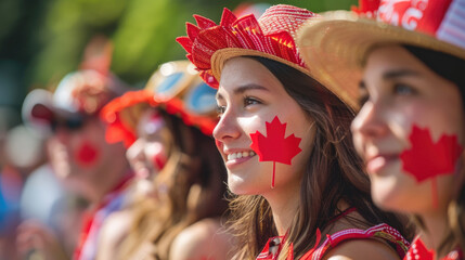 Fototapeta premium Victoria Day in Canada, a crowd of happy smiling Canadian teenage women in a straw hat, a patriotic street march, a folk festival