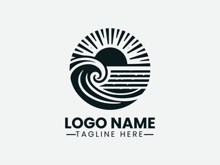 Sunrise Beach Waves Vector Logo Design, Beach Sunrise Waves Logo, Ocean Sunrise Waves Logo
