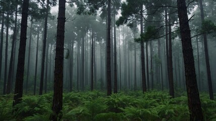 Obraz premium Mysterious forest shrouded in fog, showcasing tall pine trees and lush ferns, creating an enchanting atmosphere.