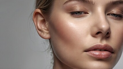 Naklejka premium Close-up of a young Caucasian woman showcasing natural beauty and flawless skin.