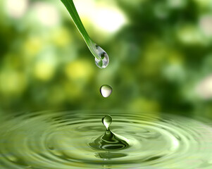 Water drops falling from grass blade into water outdoors, closeup
