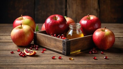 A rustic wooden crate filled with fresh red apples and pomegranate seeds, accompanied by a small jar of honey.