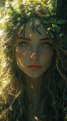 Mystical forest nymph with enchanting green eyes and leafy crown in sunlit woodland