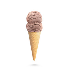 Yummy ice cream served in waffle cone in air on white background