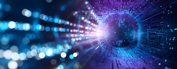 Obraz premium Illuminating the Digital Future: A captivating artistic representation of a data stream through fiber optic cable, symbolizing the rapid evolution of technology in a vibrant and dynamic display.