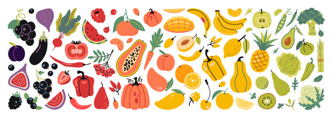 Color spectrum of fruits and vegetables, food rainbow. Healthy eating, nutrition and wellness concepts. Trendy modern vector illustration isolated on white background, hand drawn, flat design