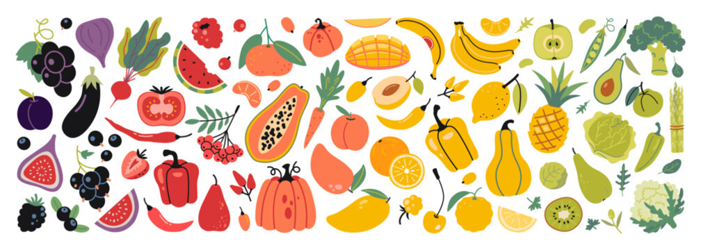 Color spectrum of fruits and vegetables, food rainbow. Healthy eating, nutrition and wellness concepts. Trendy modern vector illustration isolated on white background, hand drawn, flat design