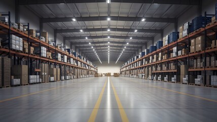Fototapeta premium Warehouse Storage: An interior shot of a vast, well-organized warehouse with towering shelves, laden with boxes, under the industrial illumination, and a bright end of tunnel.