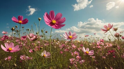 Obraz premium A vibrant field of pink cosmos flowers sways gently under a bright blue sky, capturing the essence of spring.
