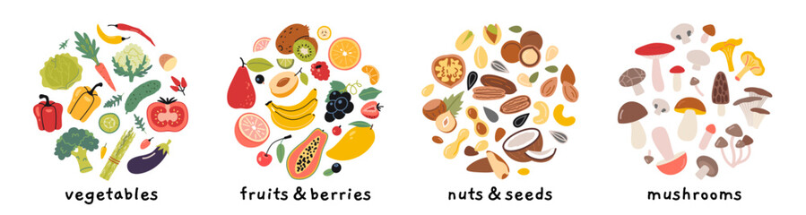 Vegetables, fruits, berries, nuts, seeds and mushrooms set in circle shapes. Ideal for healthy eating, vegetarian food concepts. Trendy modern vector illustration isolated on white, hand drawn, flat