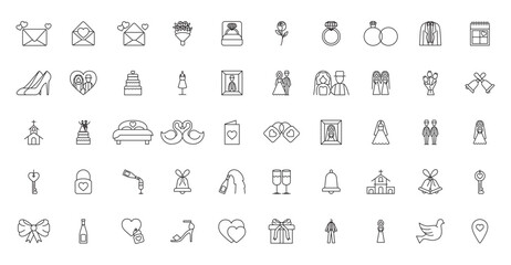 Set of wedding vector icons in black lines and white background