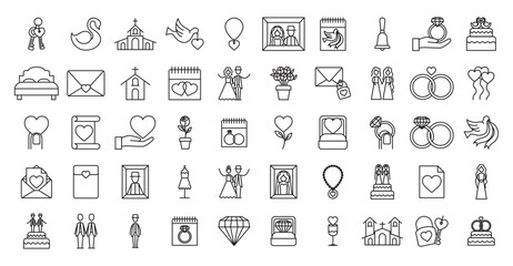 Set of wedding vector icons in black lines and white background