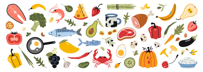 Set with elements of varied healthy nutrition, such as vegetables, fruits, berries, seafood, meat and dairy products. Trendy modern vector illustration isolated on white, hand drawn, flat design