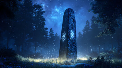 Enchanted stone tower in mystical forest under starry night sky with glowing runes. Starlit Runes. Illustration
