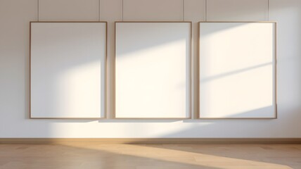 Fototapeta premium Blank Canvases: Three empty frames in an art gallery, gently lit, waiting for your creative vision. Capturing the simplicity of a blank canvas and the anticipation of possibility.