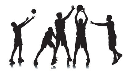 Set of basketball player silhouette in action with ball. Vector isolated