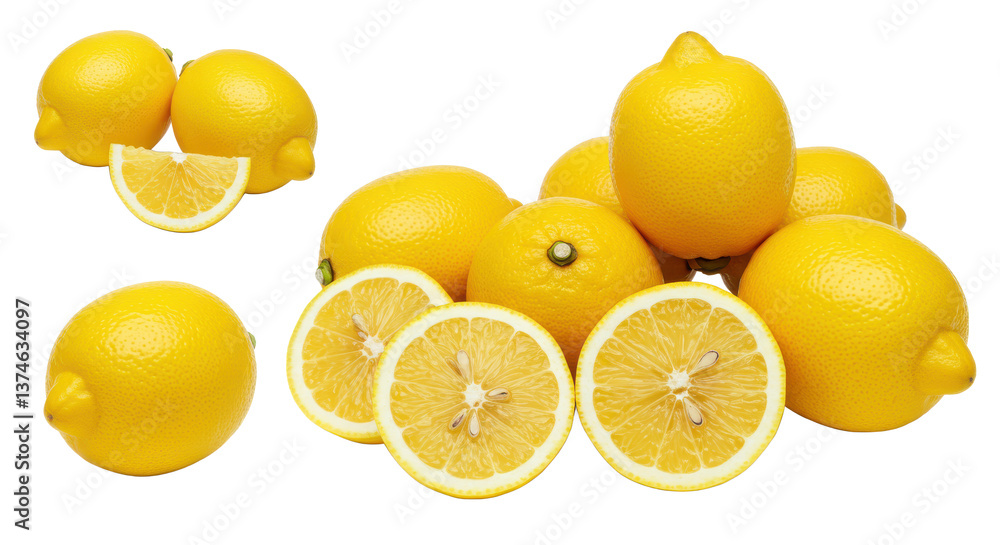 Poster a vibrant display of fresh lemons with whole and sliced fruits against a dark background setting the