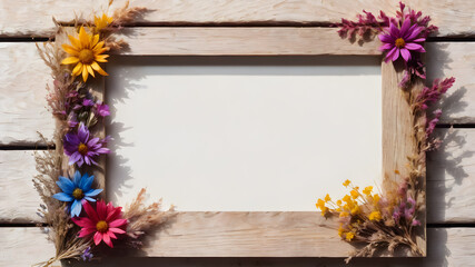 Frame and wooden background with dried flowers with empty space for greeting message.  Love and greeting concept design. AI generated image, ai