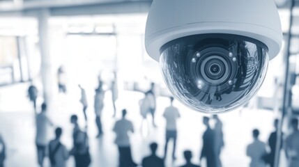 Futuristic AI-Powered Security Camera Scanning Crowded Urban Area