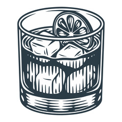 Negroni cocktail vector or whiskey, cognac with ice and slice of orange for cocktail bar or drink summer party. Brandy or alcohol cocktail for beach bar and cafe menu. Old fashioned