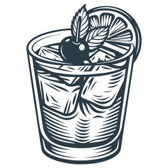 Negroni cocktail vector or whiskey, cognac with ice and slice of orange for cocktail bar or drink summer party. Brandy or alcohol cocktail for beach bar and cafe menu. Old fashioned