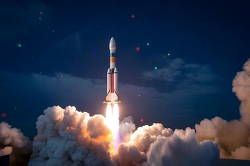 Rocket Launch Ascent: Capturing a moment of human ingenuity as a powerful rocket bursts from the Earth. Ascending towards the inky blackness of space.