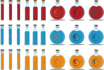 The image shows colorful glass bottles and flasks arranged symmetrically on a grid background. Each container holds swirling red, blue, or orange liquid, creating a magical, laboratory-like aesthetic.