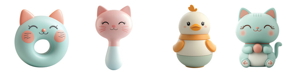 Obraz premium Adorable set of cute animal toys, including a cat don't, cast rattle, duck stacker, and cuddly cat. Each toy features playful, smiling expressions suitable for baby playtime.