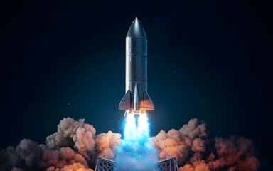 Spacecraft Ascent: A powerful spacecraft ignites its engines, ascending into the inky expanse, leaving a trail of fiery vapor and billowing clouds.