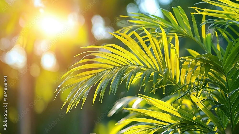 Poster close-up of a palm tree with sunlight filtering through the leaves and shadows on the ground