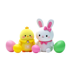 Easter chick and bunny figurines with colorful eggs on a black background in studio shot