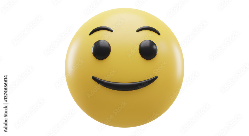 Poster a smiling yellow emoji with black eyes and eyebrows on a black background in a digital rendering