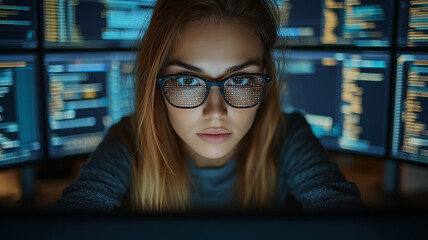 Close-up of a woman analyzing data on a digital screen, artificial intelligence, machine learning, technology, cybersecurity, futuristic computing, business intelligence.