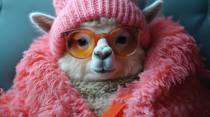Obraz premium Fashionable llama exudes charm in vibrant attire and oversized glasses, showcasing an enchanting style that captivates all eyes in an indoor setting