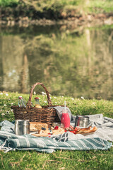 Picnic in the grass: picnic basket, bottle of fruit juice, fruits, fruit salad, yogurt, cake, tomatoes