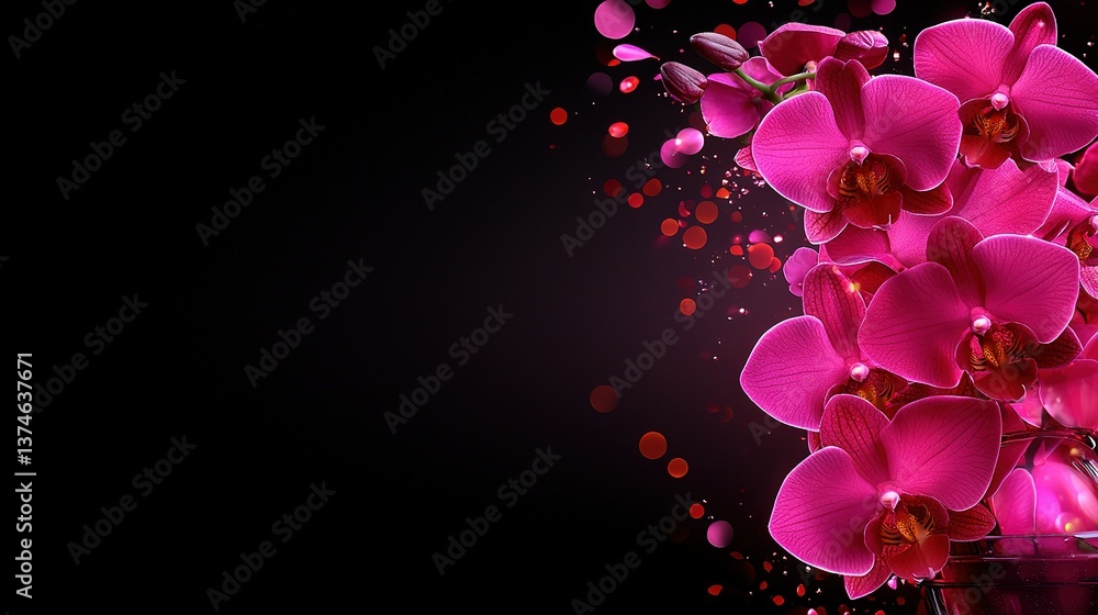 Poster a bouquet of pink orchids in a vase on a black background with a splash of light emanating from bene