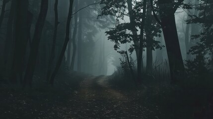 Dark forest path eerie atmosphere horror movie vibes cinematic woods misty mysterious horizontal rainforest.