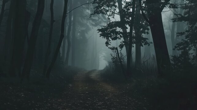 Fototapeta Dark forest path eerie atmosphere horror movie vibes cinematic woods misty mysterious horizontal rainforest.