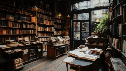 Obraz premium A cosy small bookstore with dim lighting and shelves full of old books.