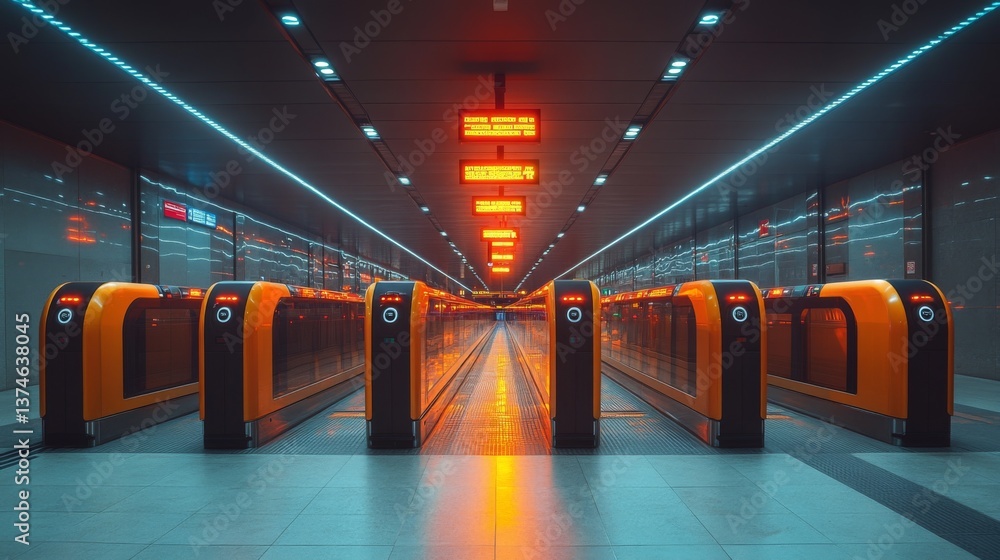 Poster automated barriers at a modern underground transportation hub provide access control while bright or