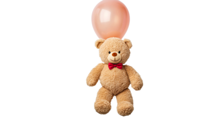 Cute teddy bear with balloon floats above in clear background
