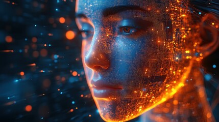 Exploration of artificial intelligence personification through a glowing, digital face surrounded by luminous data streams, reflecting the future of technology and human interaction
