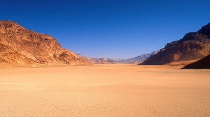 Naklejka premium A vast empty desert landscape stretching endlessly under a clear blue sky.
