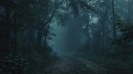 Dark forest path eerie atmosphere horror movie vibes cinematic woods misty mysterious horizontal fantasy.