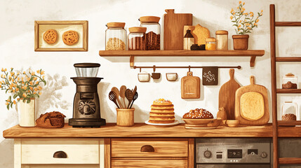Interior design of kitchen space with rattan commode,  ladder, cutting board, baking, coffee grinder food and kitchen accessories. Home decor.  Template. 