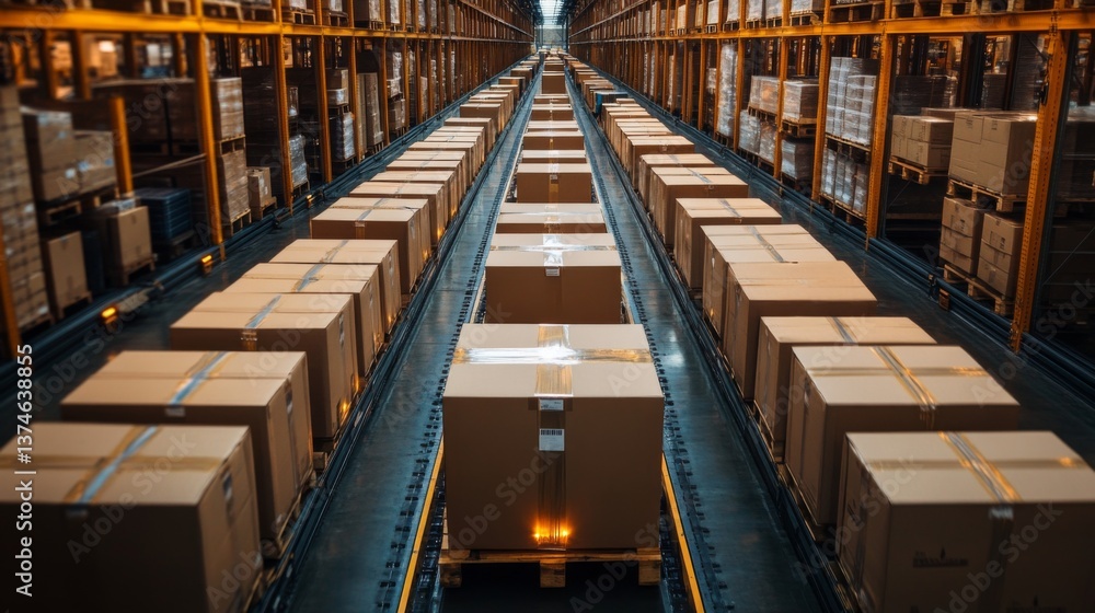 Poster Boxes are systematically arranged in a spacious warehouse, showcasing a well structured logistics layout. This area is integral for inventory management and order fulfillment.