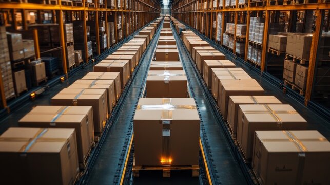 Boxes are systematically arranged in a spacious warehouse, showcasing a well structured logistics layout. This area is integral for inventory management and order fulfillment.