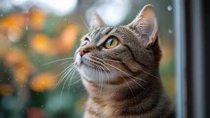 Majestic Maycoon cat gazes into the mirror reflecting its unique beauty and charm, lost in self-contemplation during a tranquil afternoon
